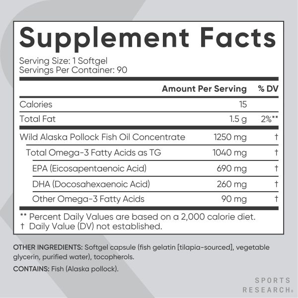 Sports Research Triple Strength Omega 3 Fish Oil - Burpless Fish Oil Supplement w/EPA & DHA Fatty Acids from Single-Source Wild Alaskan Pollock - 1250 mg, 90 ct - Image 2